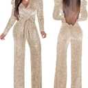 Women's Sparkly Jumpsuits Sexy Long Sleeve Cocktail Elegant Mock Neck Bodycon Straight Long Pants Rompers with Pockets (Beige, XXL)