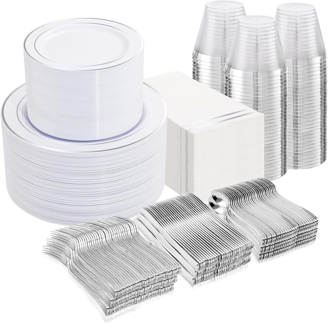 NOCCUR 700PCS Silver Plastic Plates Disposable 100 Guests - White Plastic Plates with Silver Trim Include 100 Dinner Plates,100 Dessert Plates,300 Cutlery,100 Cups,100 Napkins for Party&Christmas