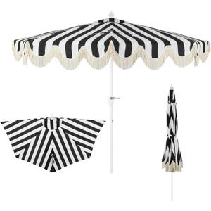 JONATHAN Y Half Umbrella UMB1201H Beverly 9 ft. Designer Classic Scalloped Fringe Market Patio with Crank, Tilt Button and UV Protection in Black/White, White Pole