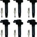 Ignition Coil UF553 & Spark Plug for Ford Lincoln Mazda Mercury Edge Flex Fusion Taurus MKS MKT MKX MKZ 6 CX9 Sable 3.5L 3.7L V6, High Performance Coil Pack Replacement 7T4E-12A375ED, Set of 6