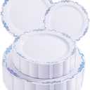 DaYammi 60PCS Blue and White Plastic Plates Blue Rim White Disposable Plates Blue White Party plates Include:30 Plastic Dinner Plate 30 Dessert plate and Wedding & Party Dining