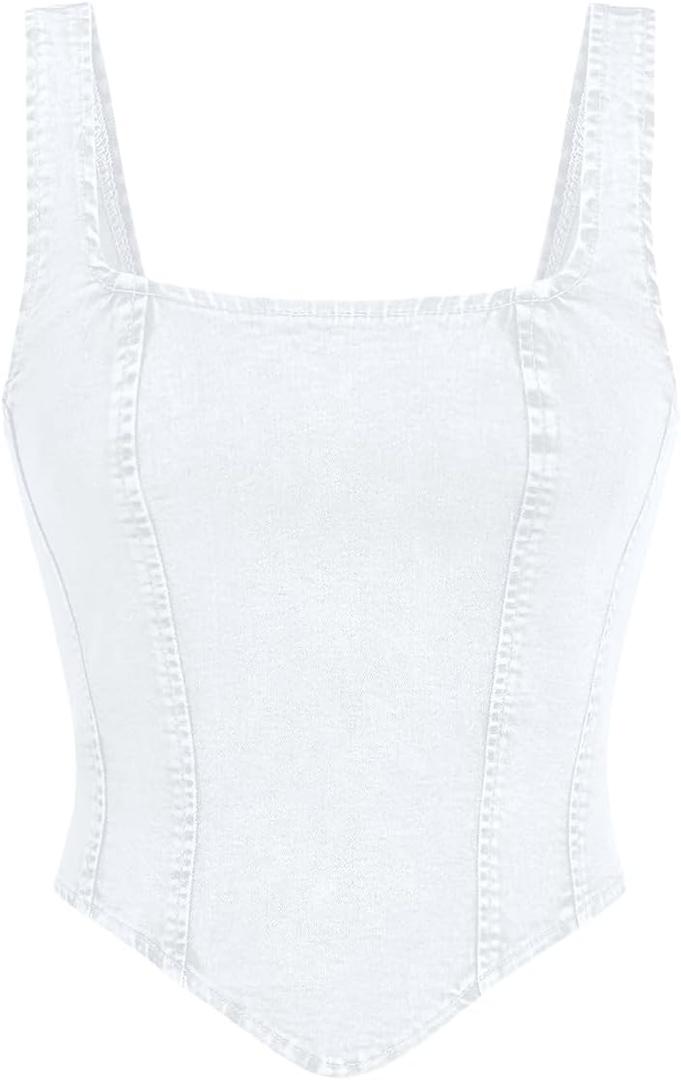 WDIRARA Women's Denim Corset Tank Top Asymmetrical Hem Crop Tops Sleeveless Zip Up Back Tanks (White)