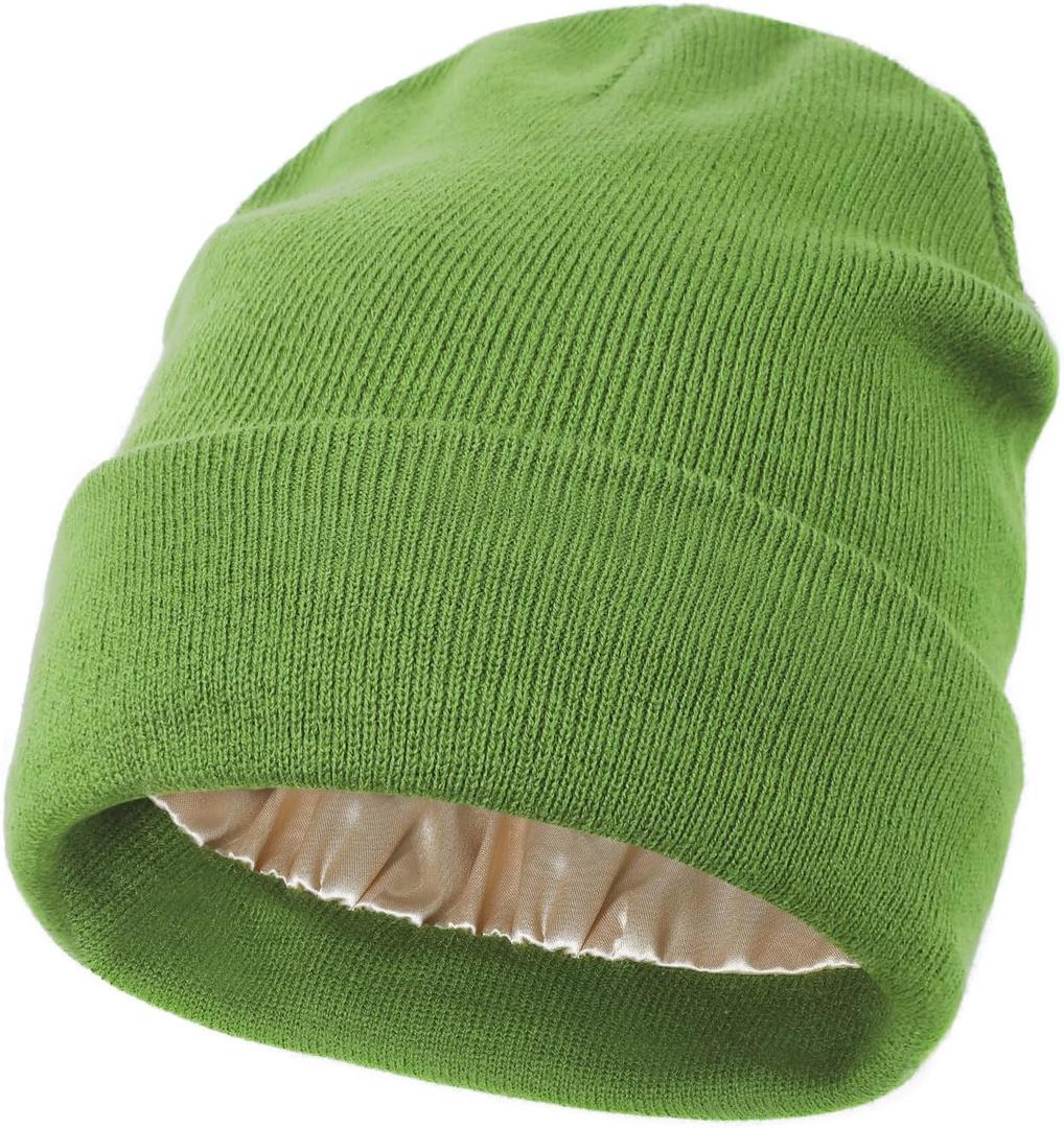 Satin Lined Beanie Hats for Women Men Knit Acrylic Beanie Winter Hat Silk Lining Soft Slouchy Warm Cuffed Beanie Hat (Pine Green)