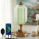Milk Glass Touch Table Lamp, Green Jadeite Glass Mid Century Modern Vintage Bedside Desk Lamp, 3 - Color & USB C+A Ports, Vintage Table Lamp Perfect for Bedroom & Living Room, E12 LED Bulb Included