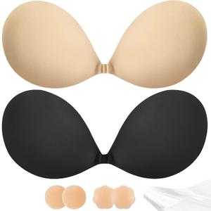 Sticky Bra Push Up - Strapless Adhesive Bras,Invisible Backless Bra,Lift Support for Women (2 Pair) (Black+nude)