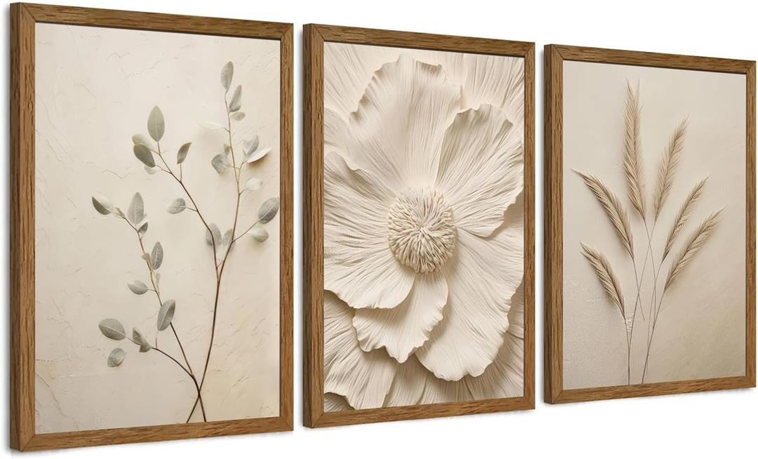 JLTULT 3 Piece Framed Neutral Beige Floral Canvas Wall Art, Modern Simple Texture Blossom Wall Decor, Vintage Botanical Flower Art Prints for Living Room Bedroom Farmhouse 12x16 inch Ready to Hang