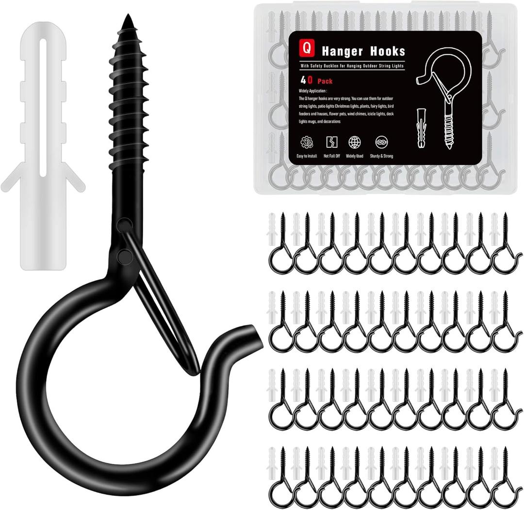 Black Screw Hooks with Safety Lock 2.3" Rustproof Metal Ceiling Hooks for Hanging Plants, Baskets,String Lights & Outdoor Decor, 40LB Capacity (40, Black)