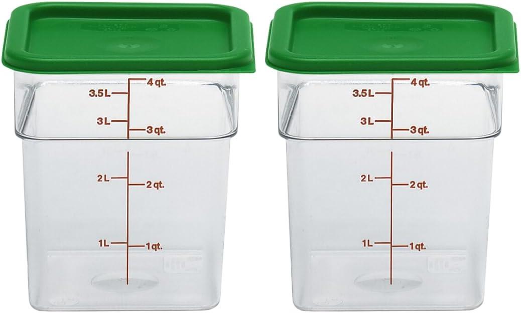 Cambro Food Storage Container with Lid (2 Pack) - Classic Series Square with Green Lid - 4 QT (Quart) - Commercial Grade for Food Prep (Clear)