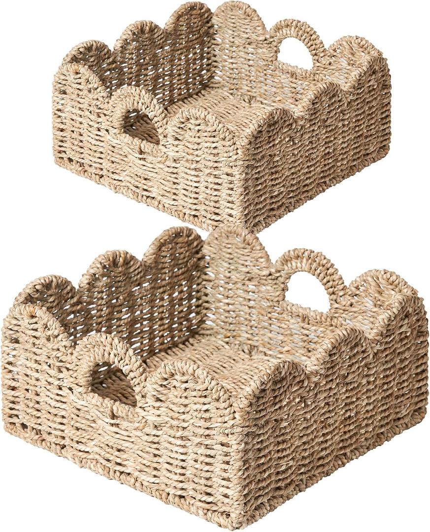 Scalloped Basket 2-Pack - Wicker & Rattan Storage with Built-in Handles, Decorative Woven Seagrass Basket for Nursery & Bathroom Organization