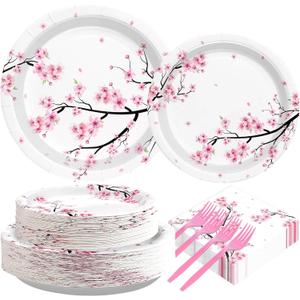 200 PCS Cherry Blossom Party Supplies Watercolor Pink Floral Plates and Napkins Tableware Sets Summer Cherry Blossom Hibachi Birthday Decorations for Wedding Baby Bridal Shower Tea Party Serves 50
