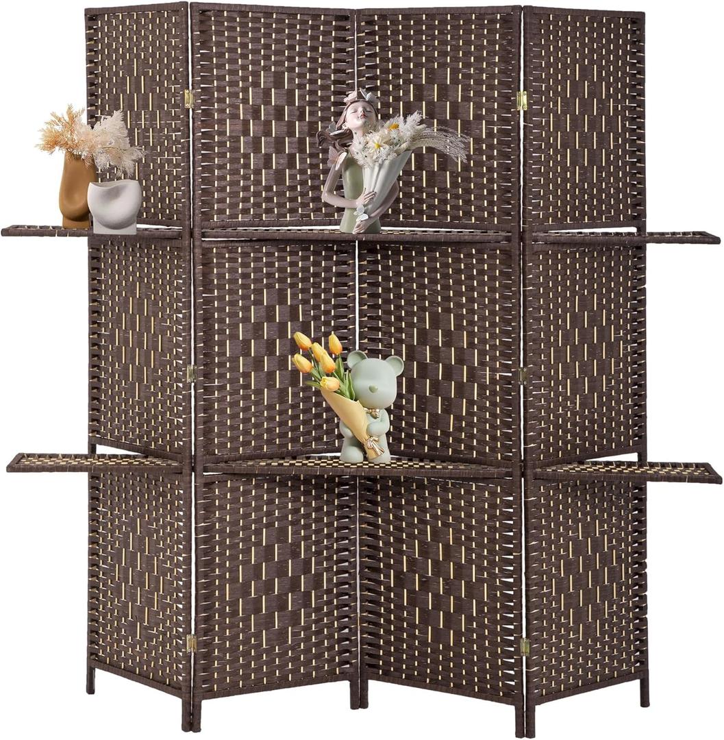 Room Divider 4 Panel Room Screen Divider Wooden Screen Folding Portable Partition Screens Wood with Removable Storage Shelves Color, Brown