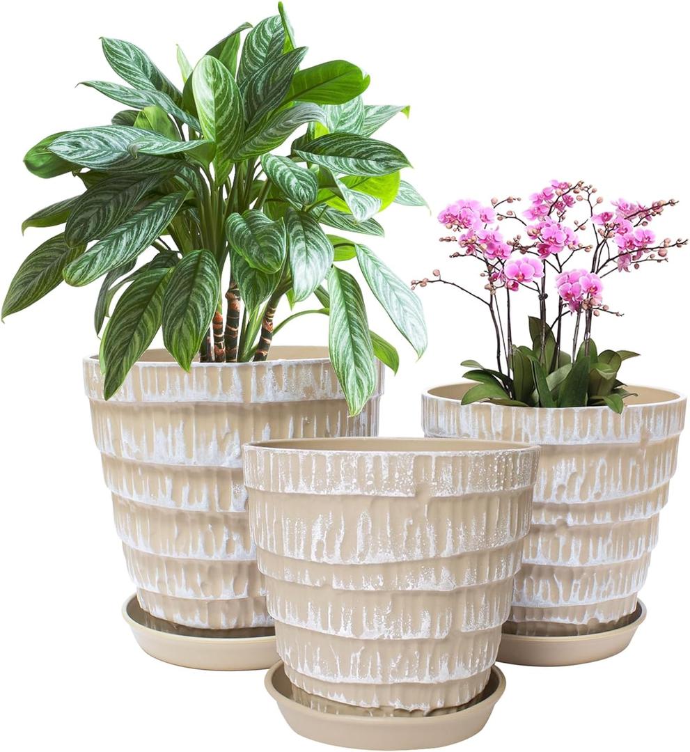 Plant Pots Indoor 7.5/6.5/5.5 Inch Set of 3 Plastic Planters for Indoor Plants with Drainage Hole and Saucer, Plastic Flower Pots, Nursery Planting Pot for Out Door Plants