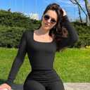 OQQ Women's Bodysuits Ruched Long Sleeve Square Neck Lounge Stretch Travel Bodysuits (Black, XL)