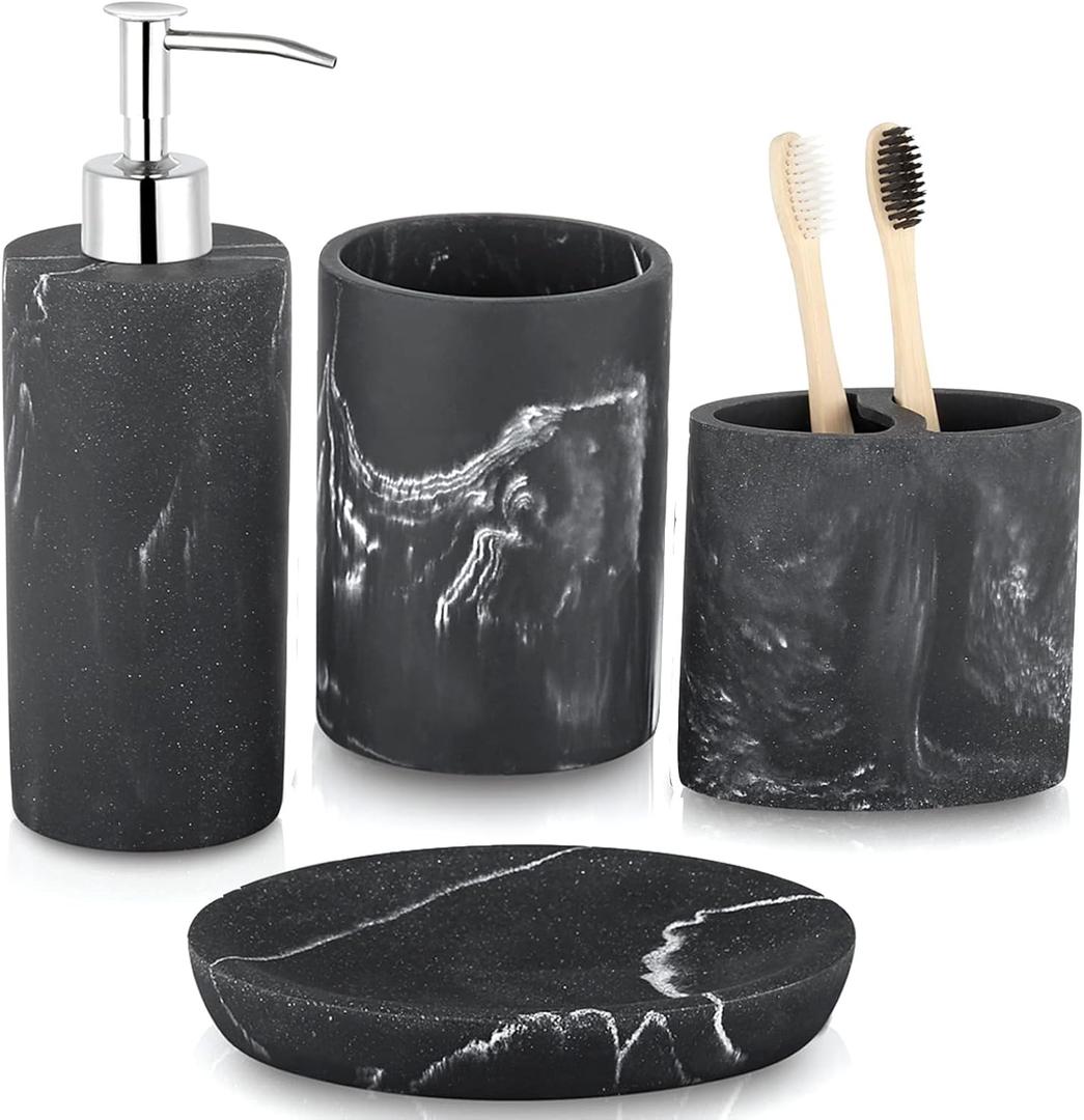 ZCCZ Bathroom Accessories Set, 4-Piece Marble Pattern with Soap Dispenser, Toothbrush Holder, Tumbler, and Soap Dish for Modern Bath Dcor, Elegant and Durable Design for Home or Office Bathrooms (Black Marble Look Rounded)