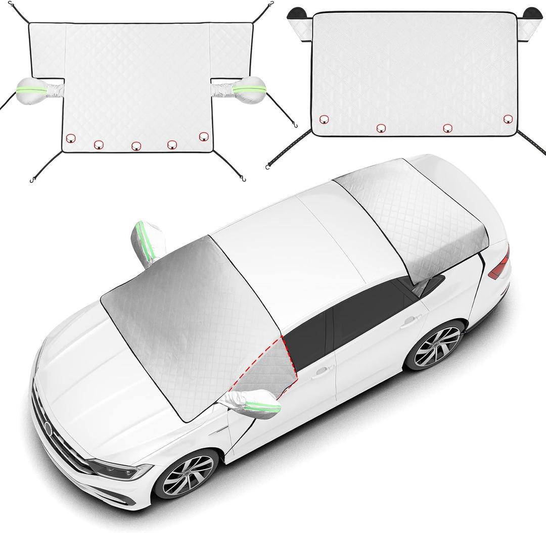 2-Piece Car Windshield Cover Set - All-Weather Front & Rear Protection with Magnetic Edges and Side Mirror Covers for Cars, Trucks, SUVs - Fits Most Vehicles(Unobstructed Rearview,Silver)