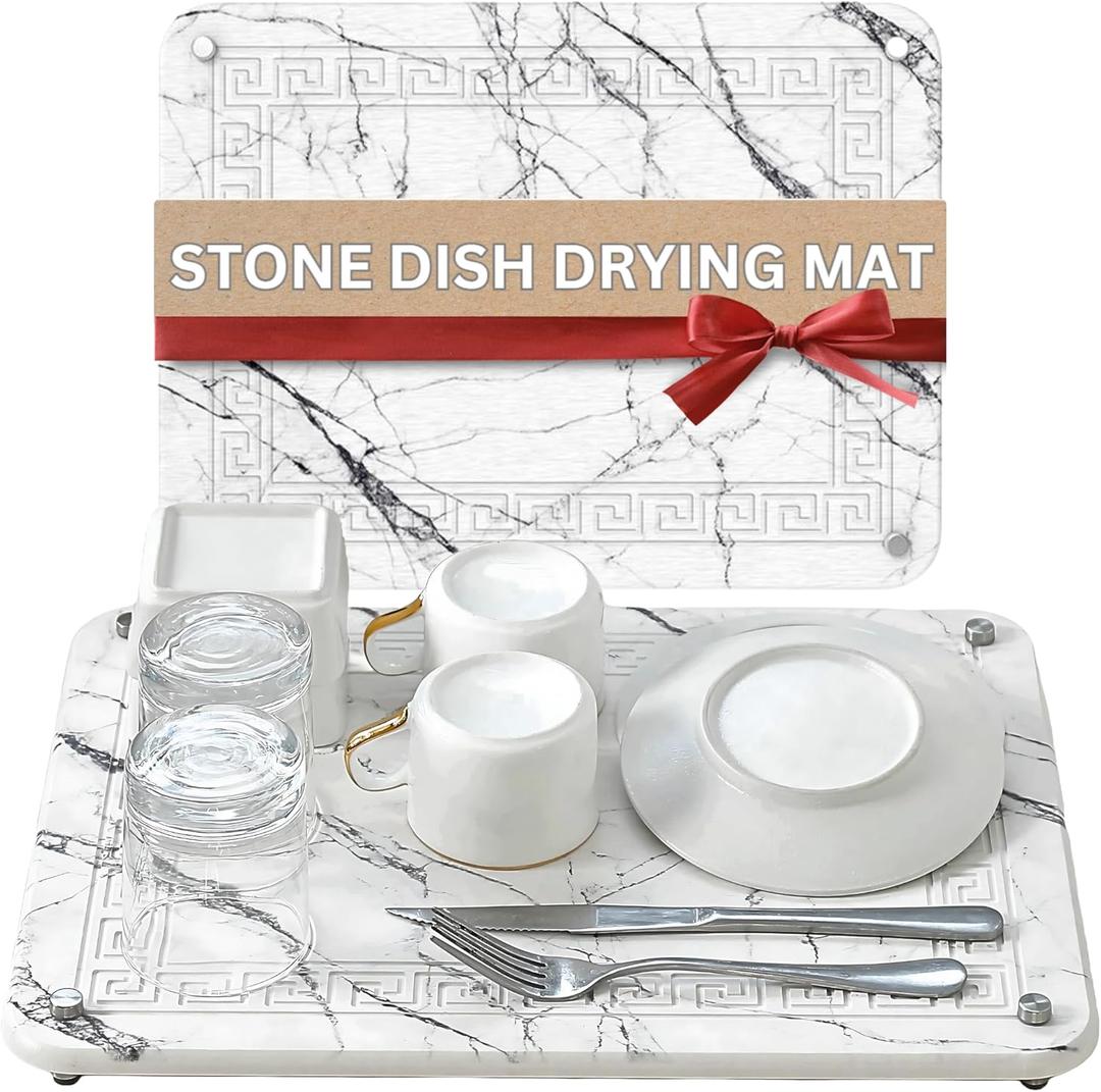Stone Drying Mat For Kitchen Counter, Marble Drying Stone For Kitchen Counter, 15.8 x11.8" Stone Drying Mat, Stone Mat For Kitchen Sink, Diatomaceous Earth Dish Drying Mat, Dish Drying Stone (White)