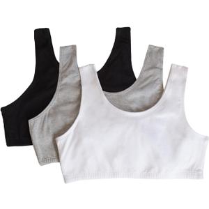 Fruit of the Loom Girls' 3 Pack Cotton Built-Up Stretch Sports Bra in Everyday Colors, Black/ White/ Heather Grey, 36