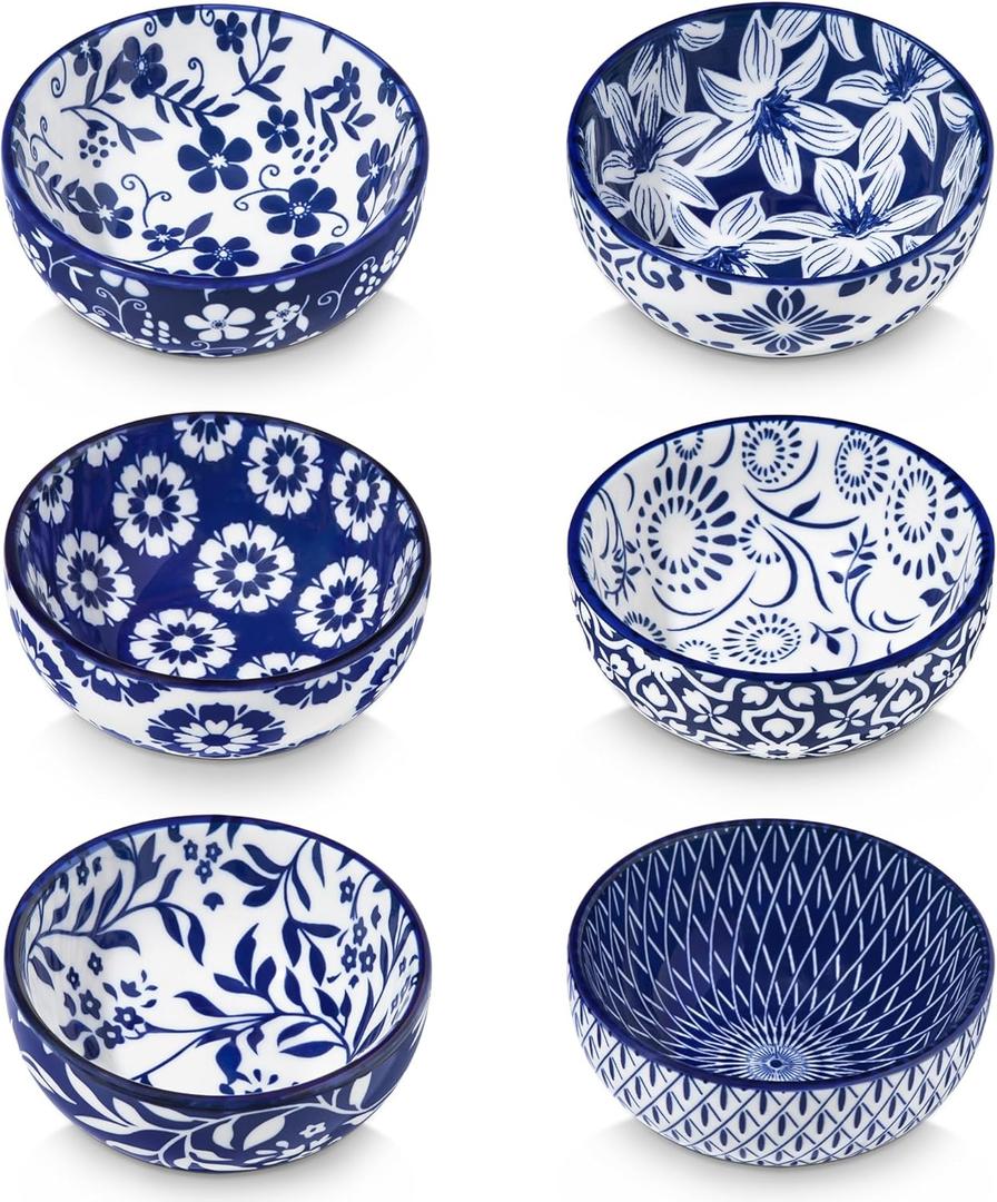 vancasso 2.7 Oz Ceramic Mini Dipping Bowls Set of 6, 3 Inch Small Dip Bowls for Sauce, Soy Sauce, Sushi, Condiments & Side Dishes, Chinoiserie Floral Style, Microwave & Dishwasher Safe, SELENE Series