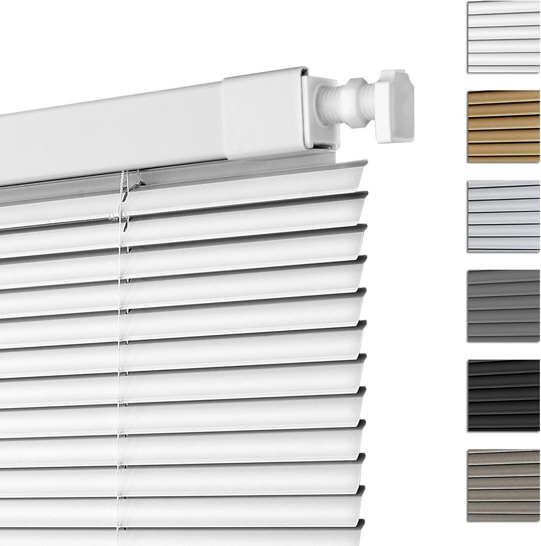 No Tools No Drill Mini Blinds, Cordless Wandless Aluminum L-Shaped Slats Pull Down Venetian Blinds, Custom Room Darkening Horizontal Window Blinds for Home, Living Room, Door, White
