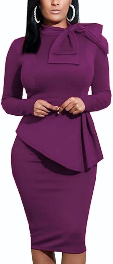 Women's Peplum Bodycon Long Sleeve Wear to Work Dresses Bow Party Club Ruffle Formal Cocktail Pencil Dress (Purple, XL)