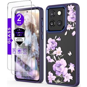 for Motorola Moto G Stylus 5G 2025 Case+Tempered Glass Screen Protector, Military Grade Protective Slim Soft TPU + Hard PC, Girls Women Crystal Clear Flower Pattern Case Cover (Deep Purple)