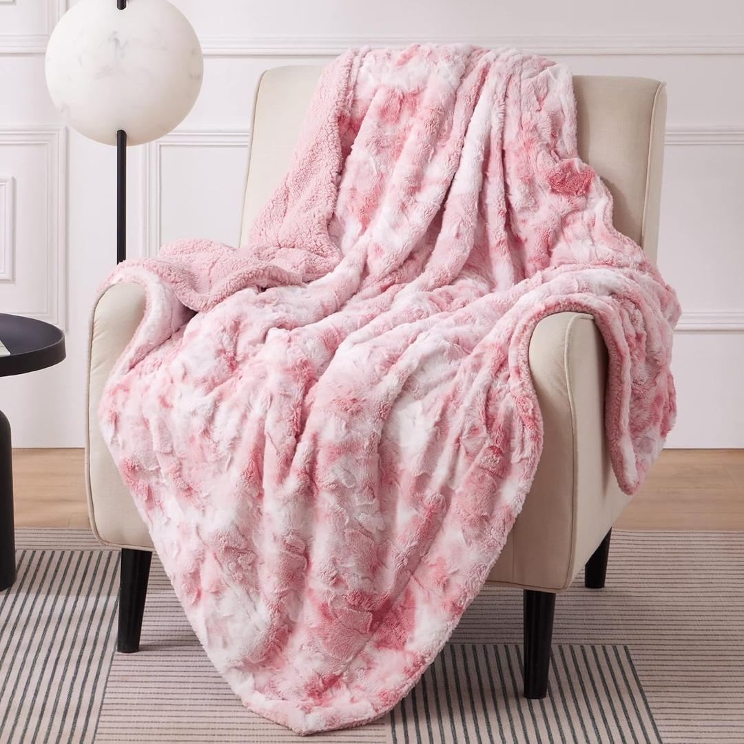 Bedsure GentleSoft Sherpa Fluffy Throw Blanket - Fleece Warm and Cozy Throw for Women Gift, Plush & Fuzzy Faux Christmas Fur Blanket for Couch, Sofa, Bed Decor, Tie Dye Design, Pink, 50x60 Inches