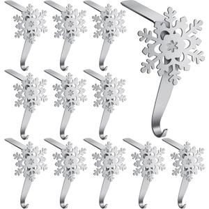 Peryiter 12 Pieces Snowflake Christmas Stocking Holders for Mantle Christmas Stocking Hooks Metal Sock Hangers Holder Stand Weighted for Fireplace(Silver)