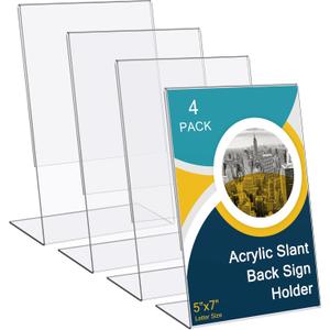 Sanwuta 4 Pack Acrylic Sign Holder 5 x 7 Inches, Slant Sign Display Stand, Transparent Flyer Holder Frame Plastic Document Display for Workers Teachers Office Home Menu Desktop