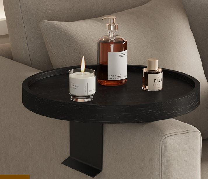 Wooden Couch Arm Tray, 12'' Space Adjustable Sofa Arm Table,Round Wood Chair Arm Table Sofa Armrest Tray for Thin & Wide Couches Arm,Snack Armchair Couch Companion, Black