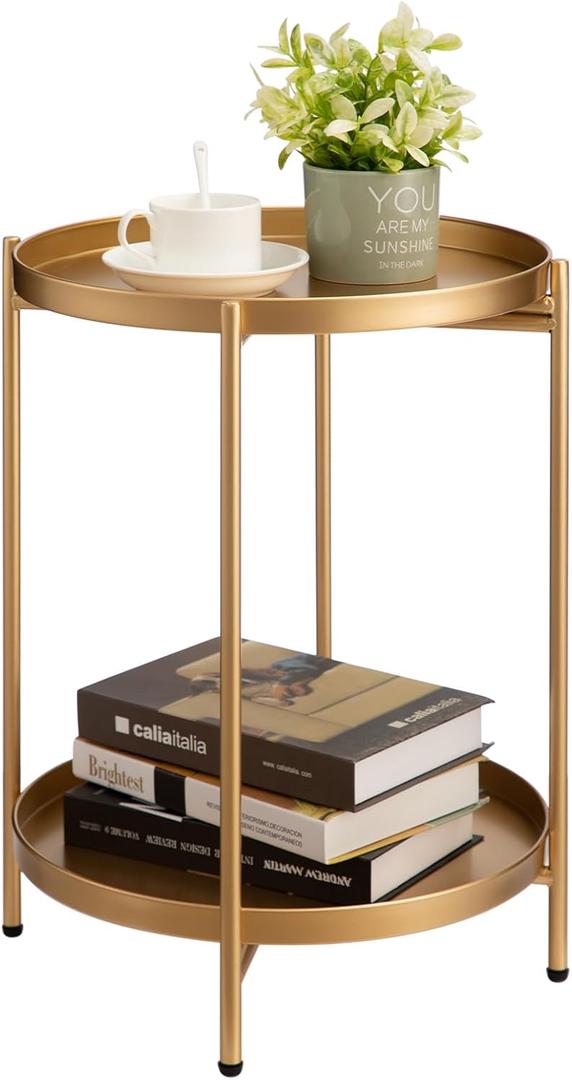 HollyHOME 2-Tier Round Gold Side Table, Outdoor Small Folding Accent Stand with Removable Tray, Anti-Rust Metal Asional Table for Balcony Patio Living Room, Nightstand for Bedroom(Gold)