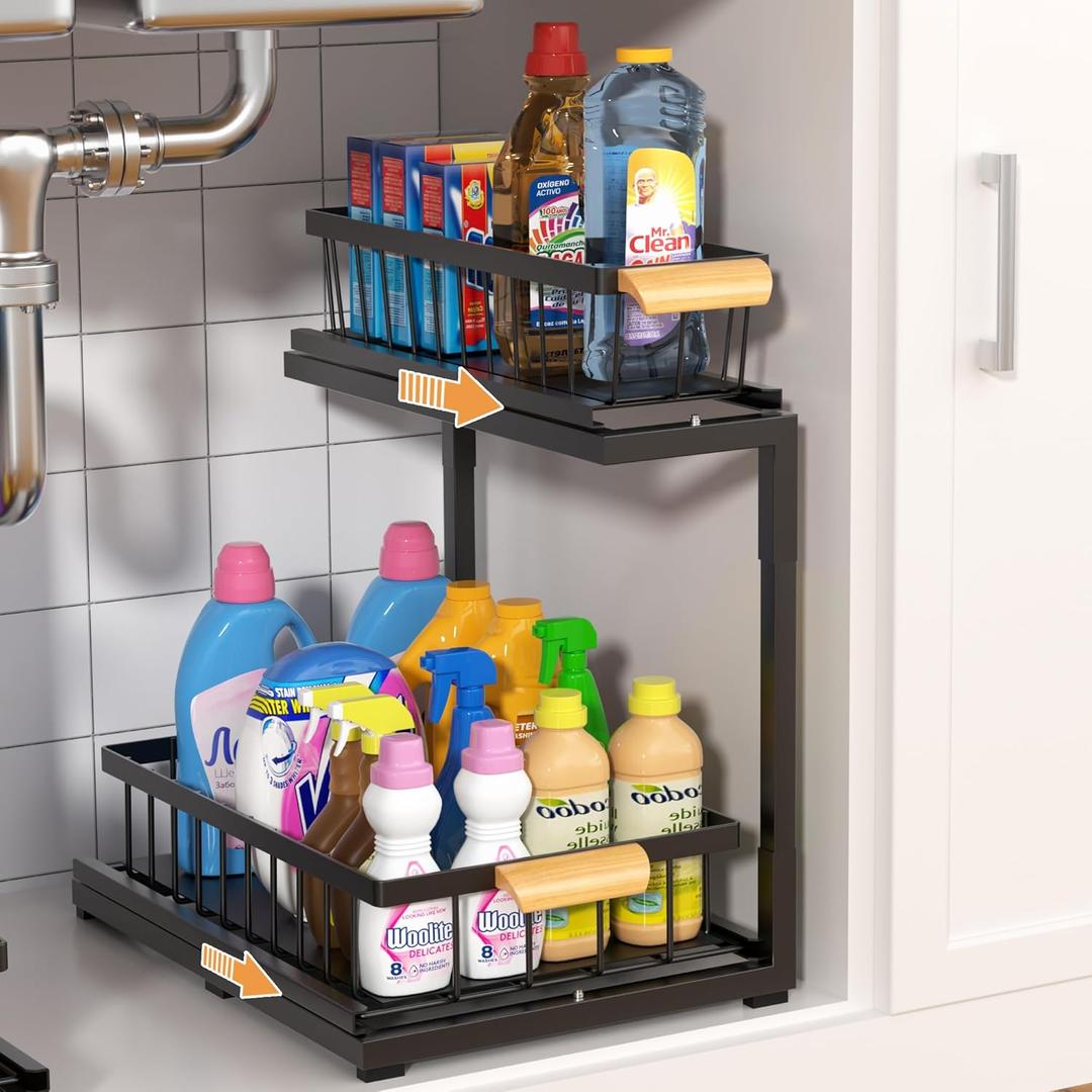 2-Tier Under Sink Organizer, Black Metal Storage Rack, Easy Assembly Cabinet Shelf, 14.37x8.86x10.83 Inch, for Kitchen Bathroom Office (Black, Large-1 Pack)