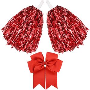 3 Pack 10 in Cheerleading Pom Poms and Large Cheerleader Hair Bow for Girl, Cheer Pompoms Foil Pompoms Hand Flowers for Adults, Kids, Party Dance Sports (Red)