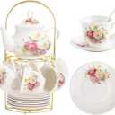20-Pieces Porcelain Tea Sets For Women, Tea Set For Adult with Golden Metal Rack,Tea Gift Sets for Home&Party(012)