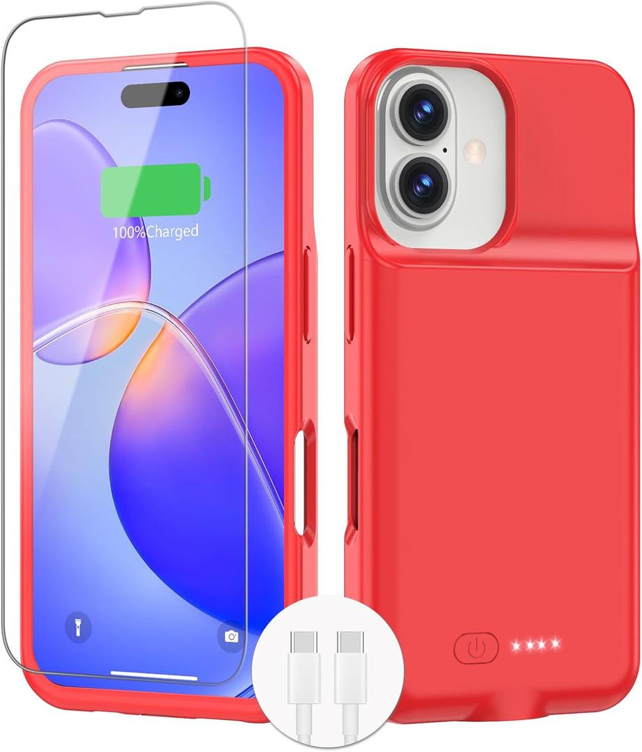 BOPPS Battery Case for iPhone 16 Plus,15W Fast 8500mAh Stonger Power & 360Protection Slim Battery Charger Case with TPU Anti-Slip Design for iPhone 16 Plus Charging Cases,Red (For iPhone 16 Plus6.7inch)
