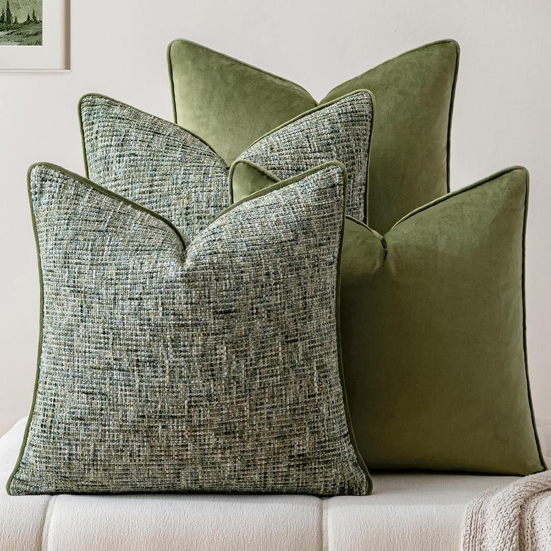 a moment Dark Green 4 Pack Throw Pillow Covers - Chenille & Velvet Set with Piping, Farmhouse Textured Design Cushion Cases for Couch Sofa Bed (20x20 Inch, No Insert)