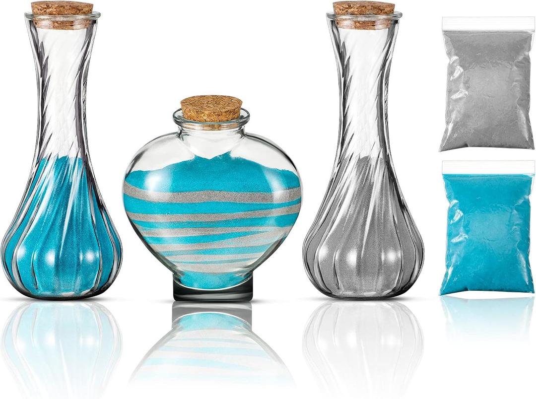 3 Pcs Unity Sand Ceremony Kit for Wedding Handmade Decorative Vase Set with Cork Lids 1 lb Colored Sand Decorative Glass Jars Container for Wedding Ceremony Ideas(Gray, Blue)
