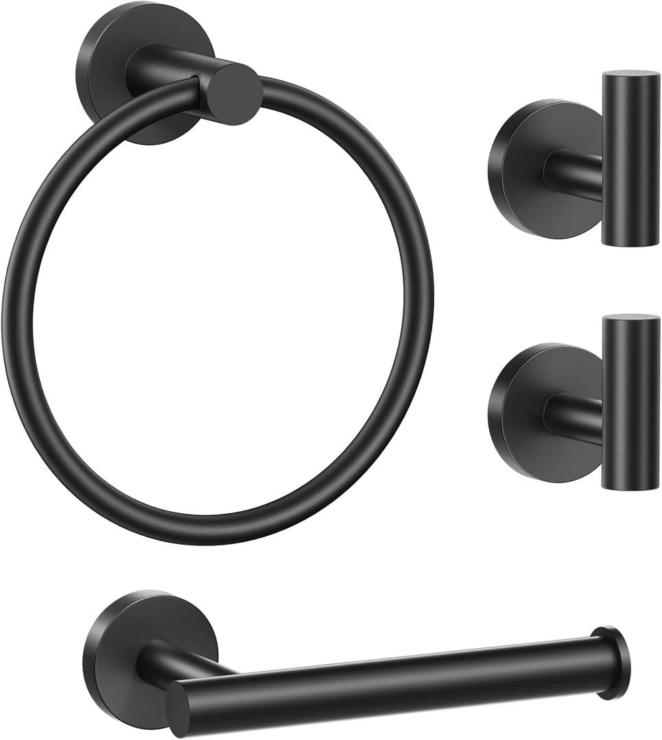 Lairuier Bathroom Hardware Set, 4-Piece Towel Bar Set Include Toilet Paper Holder,Towel Ring and 2 Towel Hooks Stainless Steel Wall Mounted Bathroom Hardware Accessories Set (Matte Black)