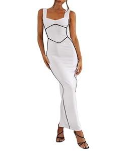 BTFBM Women Maxi Bodycon Dresses Square Neck Sleeveless Contrast Binding Split Cocktail Party Club Tank Long Dress 2024(Solid White, Medium)