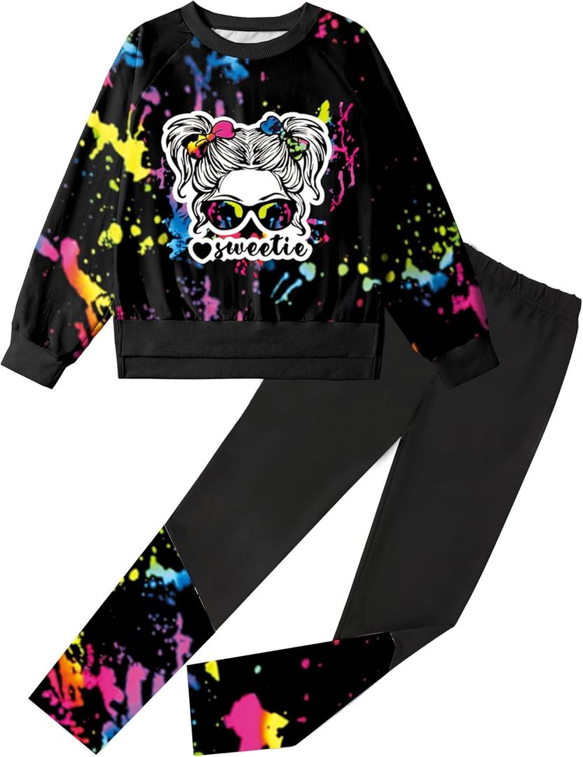 Girls Clothes Tie Dye Sweetshirt Top and Legging Pants 2PCS Girls' Clothing Sets (9-10 Years, Black)