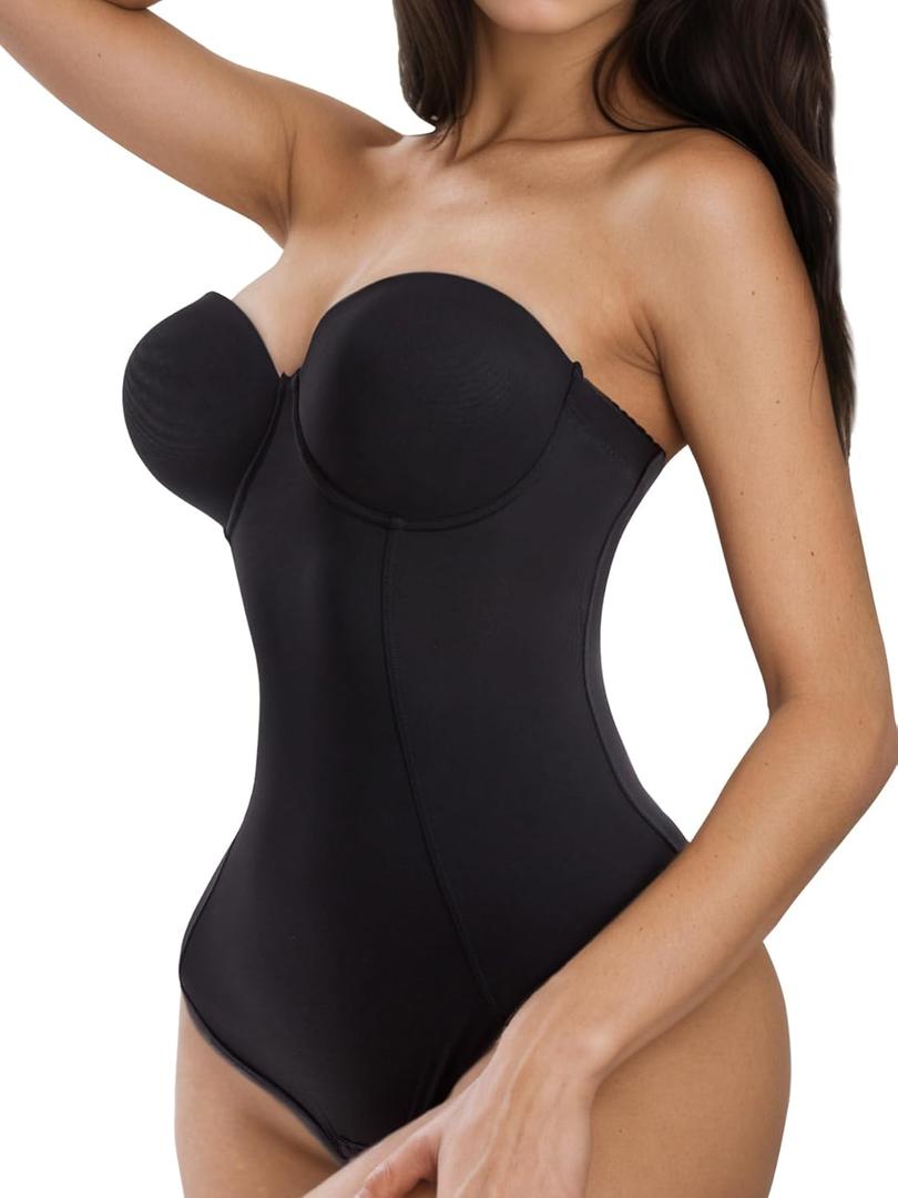 SKPNCV Women's Strapless Body Shaper Tummy Control Waist Push-Up Bodysuit with Cups and Detachable Straps Shapewear (Large, Black (Thong))