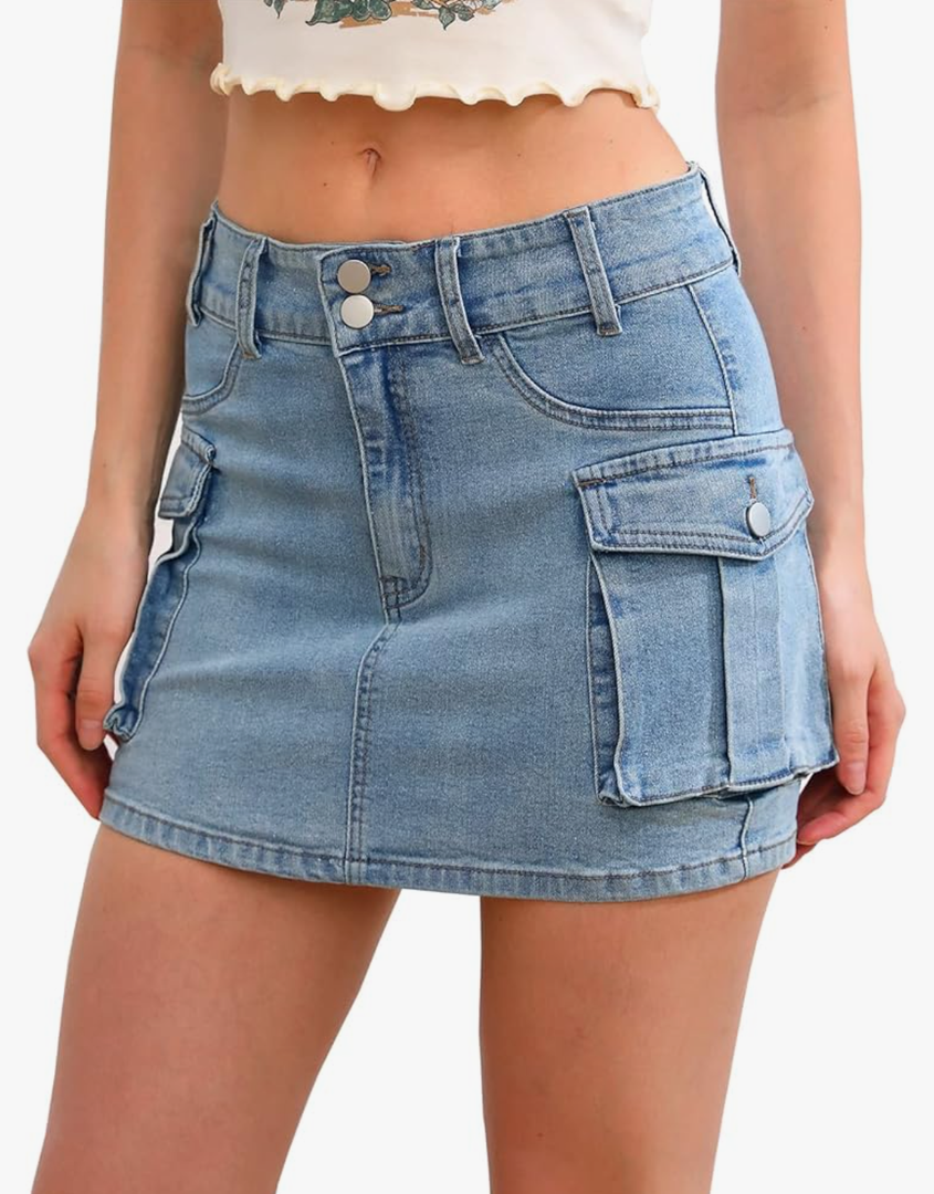 Low Waist Cargo Skirt Women Button Mini Cargo Denim Skirt with Pocket Mini Skirt XL