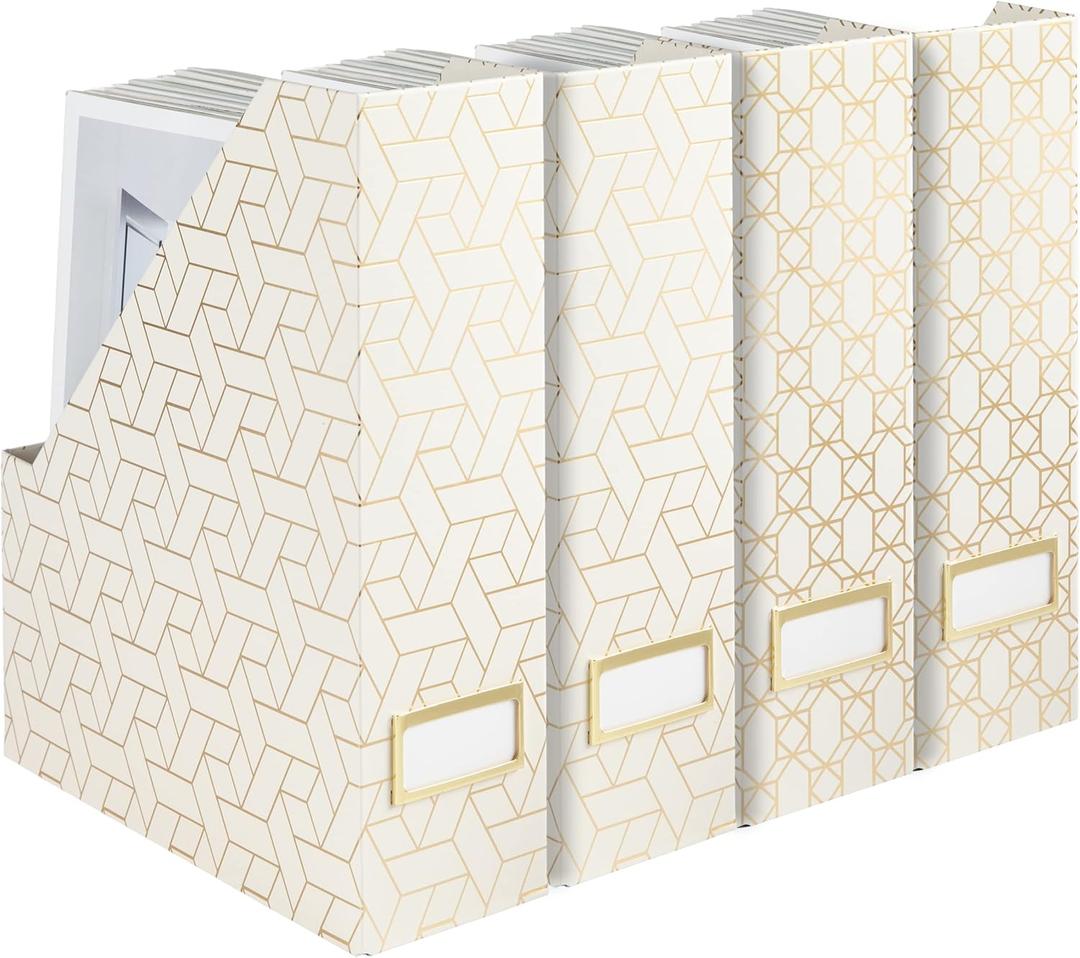 BLU MONACO | Cardboard Magazine File Holder Set of 4 | Vertical Magazine File Holder for Desk and Shelves | Cream Gold Foldable Magazine Holders with Label Slots