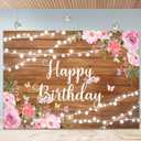 Rustic Wooden Happy Birthday Backdrop for Women 96x72 Inch Rustic Floor Glitter Lights Butterfly Photography Background Pink Floral Happy Birthday Backdrop Party Decorations Banner 8x6Ft (Brown)