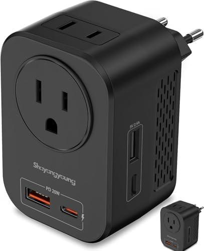 220V to 110V 20W PD Voltage Converter US to Europe International Universal Travel Adapter with 2 USB A 2 Type-C Port Worldwide Power Converters Plug Combo for Spain Italy (Black)-IZ
