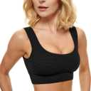 Square Neck Padded Sports Bra, Push Up Sports Bra for Women, Cute Comfy Seamless Scoop U Back Low Impact Workout Gym Yoga Bra (Black, Grey)