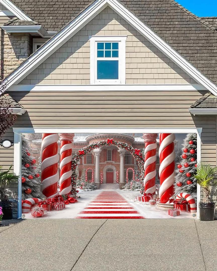 13X6ft Christmas Candyland Garage Door Decorations, Extra Large Candy Christmas Backdrop Background Photo Xmas Holiday Garage Door Covers Murals Backdrops Decoration for Home Holiday Party (Red)