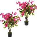 2 Pack Artificial Bougainvillea Tree, 3FT Small Fake Flowering Plant with Pink Bougainvillea Flowers, Potted Faux Tree for Indoor Outdoor Home, Balcony, Porch, Office, and Garden Decoration
