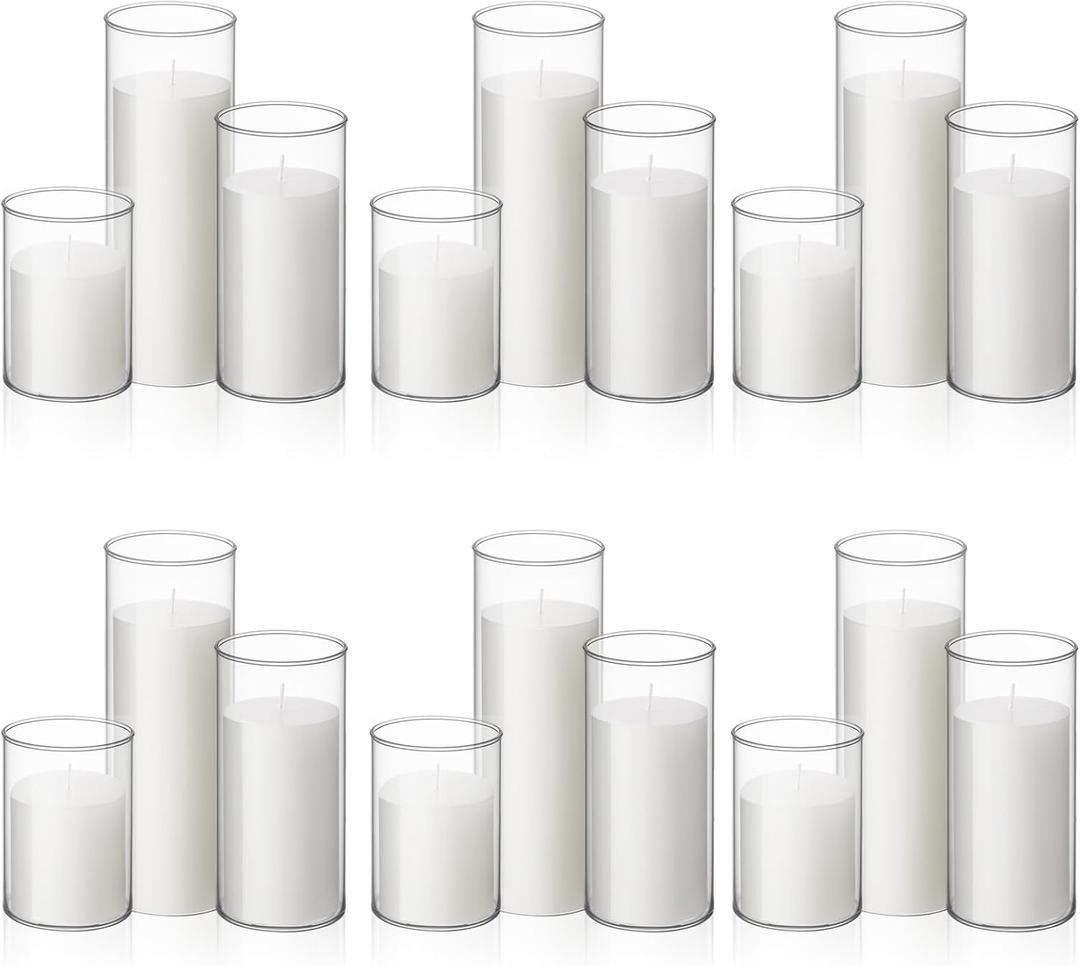 Shihanee 36 Pcs Pillar Candles and Glass Cylinder Vases Tall Cylinder Holders for Pillar Candles Wedding Centerpieces, Total 18 Sets(3.4'' X 4.7", 7", 9.8",Clear,White)