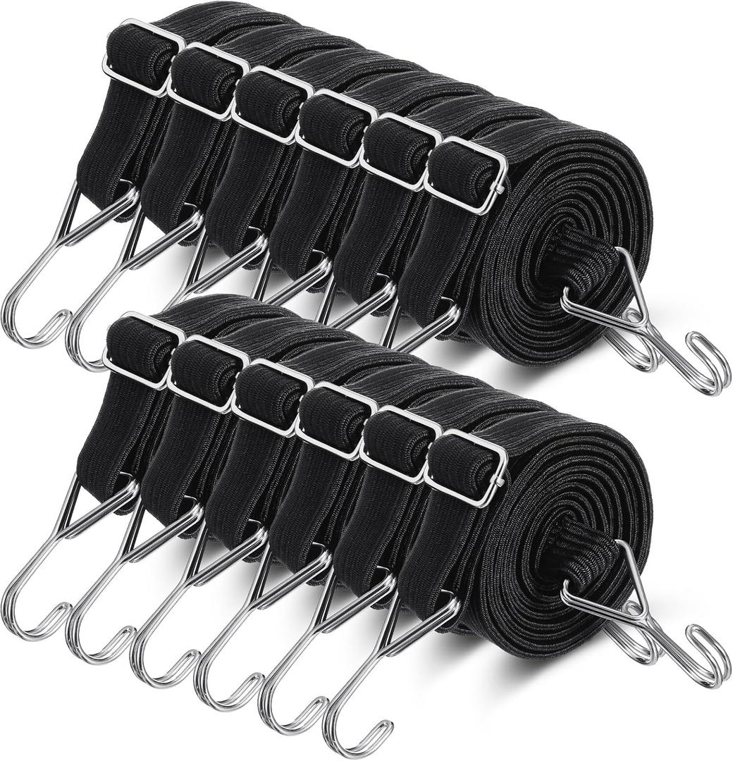 12 Pcs Adjustable Flat Bungee Cords with Hooks, 78" Long Flat Heavy Duty Latex Straps with Length Adjustment Metal Buckle, for Outdoor, Camping, Tarps, Bike Rack, Truck, Moving Heavy Duty Cargo (Black