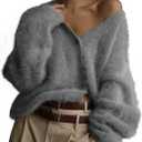 COZYPOIN Womens Fuzzy Mohair Cardigan Open Front Button Down V Neck Long Sleeve Sweater Slouchy Drop Shoulder Knit Coat (X-Large, Grey)